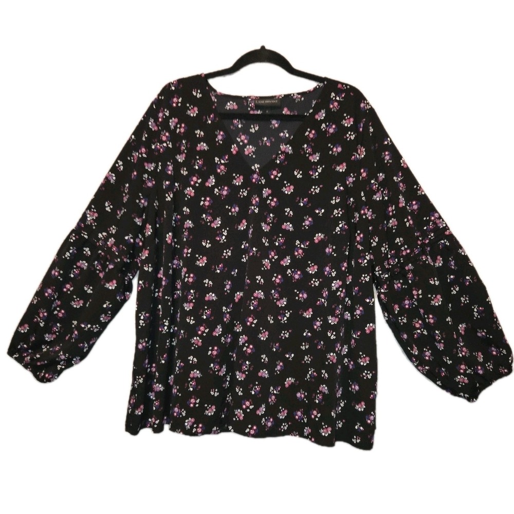 Lane Bryant Womens Floral Blouse Long Balloon Sleeve Plus Size 24 Black Pink Top